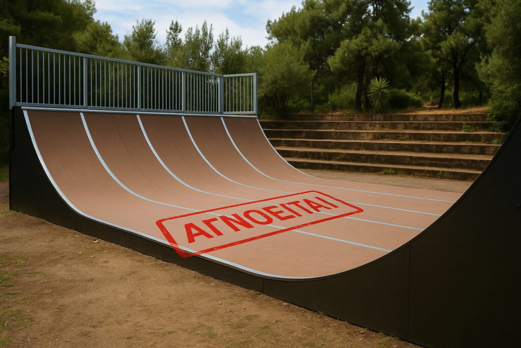 Η ράμπα του skate στο πάρκο Κώτση με κόκκινο σήμα 'ΑΓΝΟΕΙΤΑΙ'